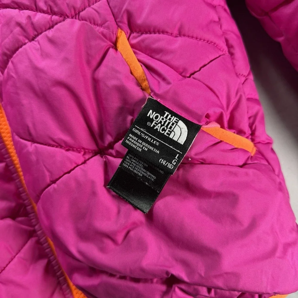 The North Face Puffer Jacket Youth Girls Large Pink Orange Reversible Hooded - Picture 8 of 12